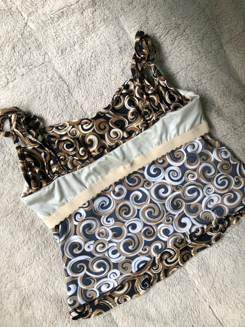90s Y2K Swirl Print Retro Two-Piece Tankini Swim Set in Black, Gold & White - Picture 10 of 14